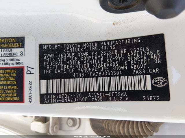 2017 Toyota Camry Se მანქანა იყიდება აუქციონზე, vin: 4T1BF1FK7HU363594, აუქციონის ნომერი: 44917262