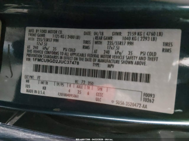 Ford ESCAPE SE 2018 1FMCU9GD2JUC37478 Image 9