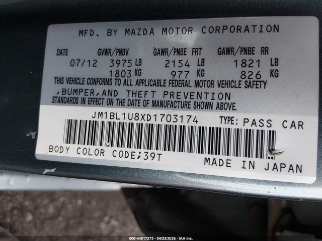 44917273 :رقم المزاد ، JM1BL1U8XD1703174 vin ، 2013 Mazda Mazda3 I Sport مزاد بيع