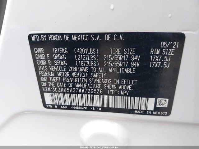 Продажа на аукционе авто 2021 Honda Hr-v 2wd Lx, vin: 3CZRU5H37MM729536, номер лота: 44917274