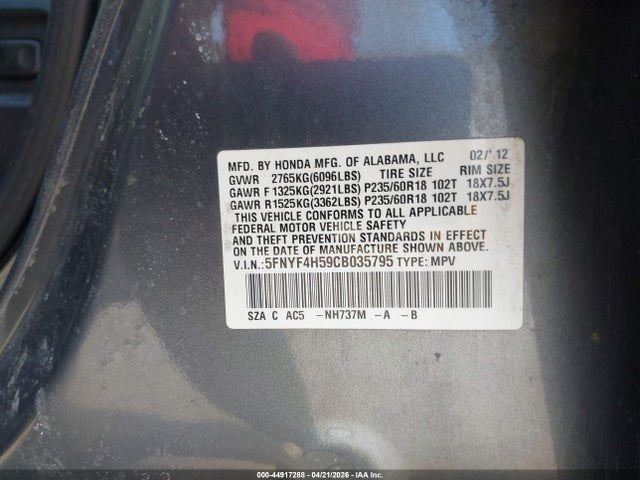 Aukcja sprzedaży 2012 Honda Pilot Ex-l, vin: 5FNYF4H59CB035795, numer aukcji: 44917288