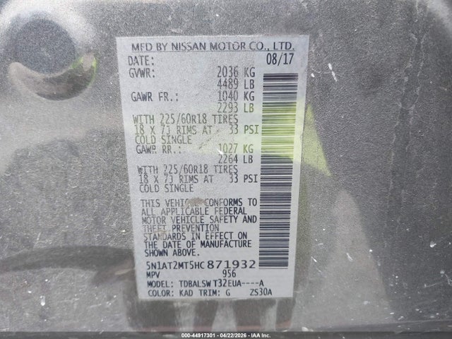 Aukcja sprzedaży 2017 Nissan Rogue Sl, vin: 5N1AT2MT5HC871932, numer aukcji: 44917301