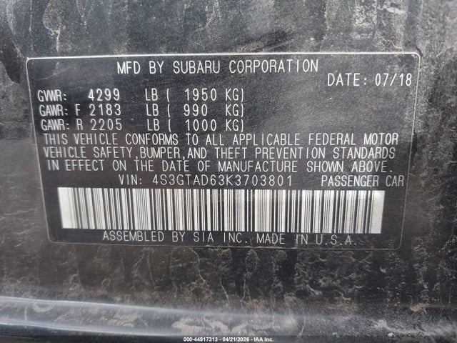 2019 Subaru Impreza 2.0i Premium მანქანა იყიდება აუქციონზე, vin: 4S3GTAD63K3703801, აუქციონის ნომერი: 44917313