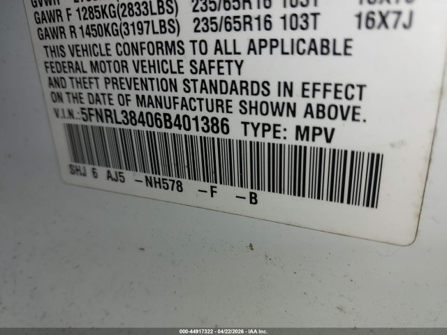 44917322 :رقم المزاد ، 5FNRL38406B401386 vin ، 2006 Honda Odyssey Ex مزاد بيع