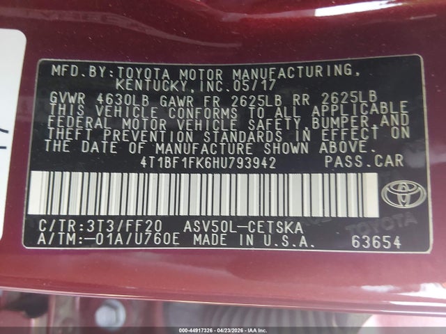 44917326 :رقم المزاد ، 4T1BF1FK6HU793942 vin ، 2017 Toyota Camry Se مزاد بيع