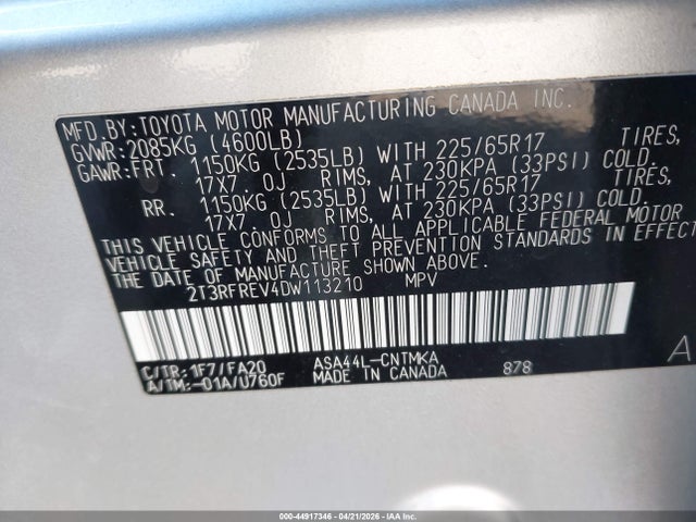 44917346 :رقم المزاد ، 2T3RFREV4DW113210 vin ، 2013 Toyota Rav4 Xle مزاد بيع