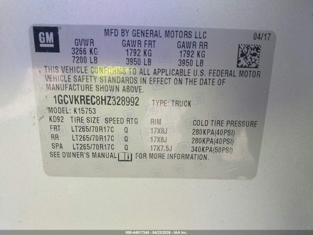 Auction sale of the 2017 Chevrolet Silverado 1500 1lt, vin: 1GCVKREC8HZ328992, lot number: 44917348