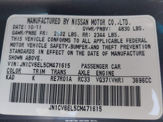 Auction sale of the 2012 Infiniti G37x, vin: JN1CV6EL5CM471615, lot number: 44917364