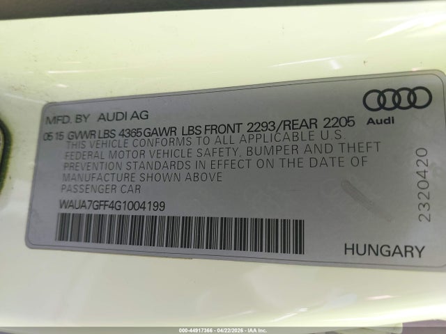 Aukcja sprzedaży 2016 Audi A3 1.8t Premium, vin: WAUA7GFF4G1004199, numer aukcji: 44917366