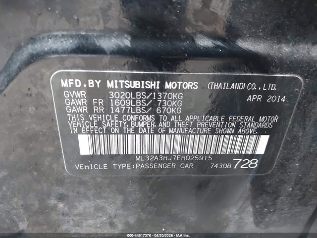 Aukcja sprzedaży 2014 Mitsubishi Mirage De, vin: ML32A3HJ7EH025915, numer aukcji: 44917370