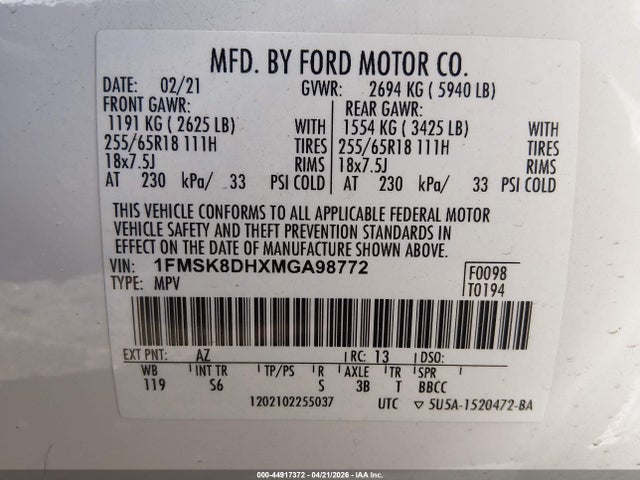 Продаж на аукціоні авто 2021 Ford Explorer Xlt, vin: 1FMSK8DHXMGA98772, номер лоту: 44917372