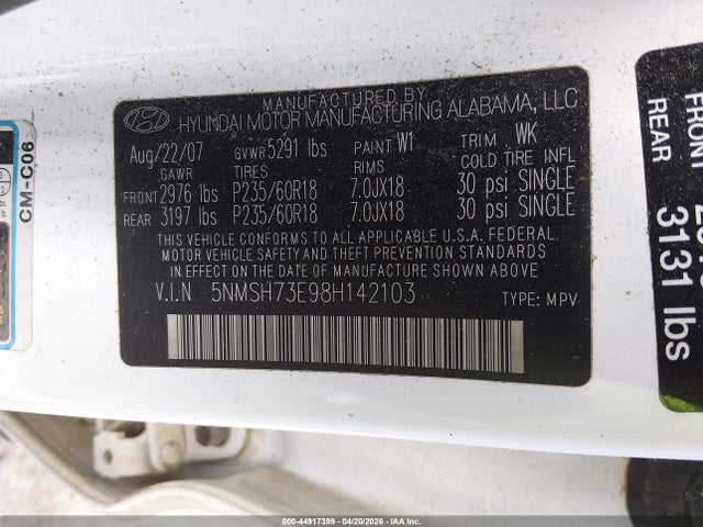 Aukcja sprzedaży 2008 Hyundai Santa Fe Limited/se, vin: 5NMSH73E98H142103, numer aukcji: 44917399