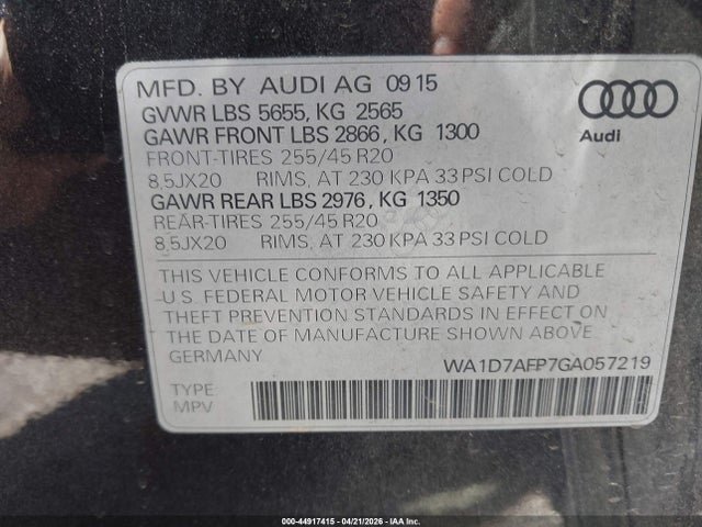 Auction sale of the 2016 Audi Q5 3.0t Premium Plus, vin: WA1D7AFP7GA057219, lot number: 44917415