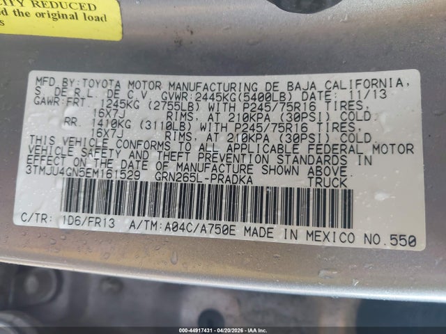 44917431 :رقم المزاد ، 3TMJU4GN5EM161529 vin ، 2014 Toyota Tacoma Prerunner V6 مزاد بيع