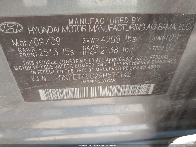 2009 Hyundai Sonata Gls მანქანა იყიდება აუქციონზე, vin: 5NPET46C29H575142, აუქციონის ნომერი: 44917433