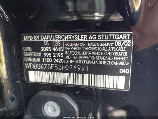 Продажа на аукционе авто 2003 Mercedes-benz Sl 500, vin: WDBSK75F53F026991, номер лота: 44917453