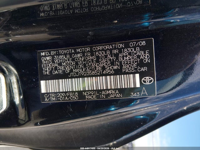 Aukcja sprzedaży 2008 Toyota Yaris, vin: JTDJT923585214956, numer aukcji: 44917455