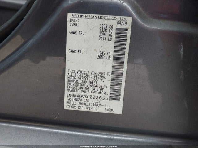 2019 Nissan Altima 2.5 Sl მანქანა იყიდება აუქციონზე, vin: 1N4BL4EV2KC222655, აუქციონის ნომერი: 44917456