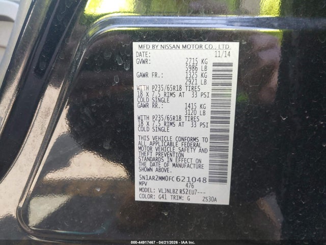 Aukcja sprzedaży 2015 Nissan Pathfinder S, vin: 5N1AR2MM0FC621048, numer aukcji: 44917467