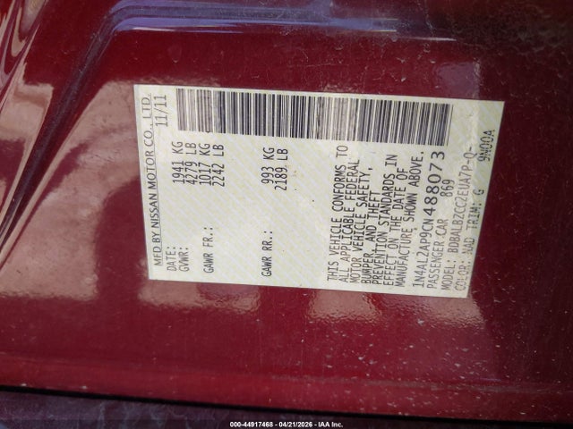 2012 Nissan Altima 2.5 S მანქანა იყიდება აუქციონზე, vin: 1N4AL2AP9CN488073, აუქციონის ნომერი: 44917468