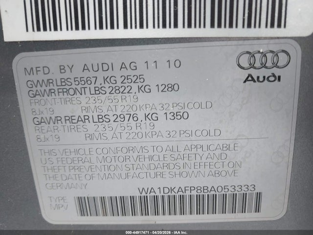 44917471 :رقم المزاد ، WA1DKAFP8BA053333 vin ، 2011 Audi Q5 3.2 Premium Plus مزاد بيع