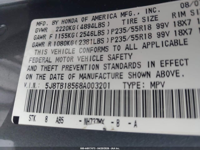 44917473 :رقم المزاد ، 5J8TB18568A003201 vin ، 2008 Acura Rdx مزاد بيع