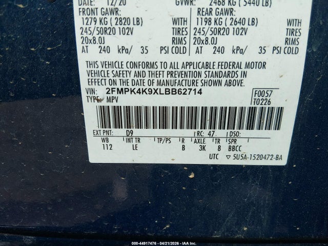 44917476 :رقم المزاد ، 2FMPK4K9XLBB62714 vin ، 2020 Ford Edge Titanium مزاد بيع