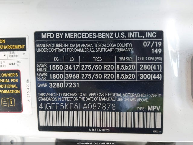 Продажа на аукционе авто 2020 Mercedes-benz Gls 450 4matic, vin: 4JGFF5KE6LA087878, номер лота: 44917492