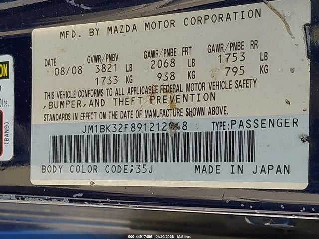 44917496 :رقم المزاد ، JM1BK32F891212948 vin ، 2009 Mazda Mazda3 I مزاد بيع