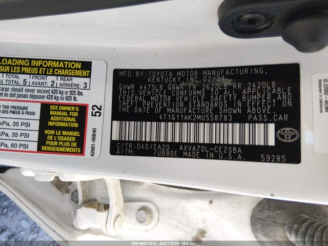Продаж на аукціоні авто 2021 Toyota Camry Se, vin: 4T1G11AK2MU558783, номер лоту: 44917512