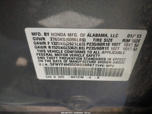 Aukcja sprzedaży 2013 Honda Pilot Ex-l, vin: 5FNYF4H55DB038047, numer aukcji: 44917513