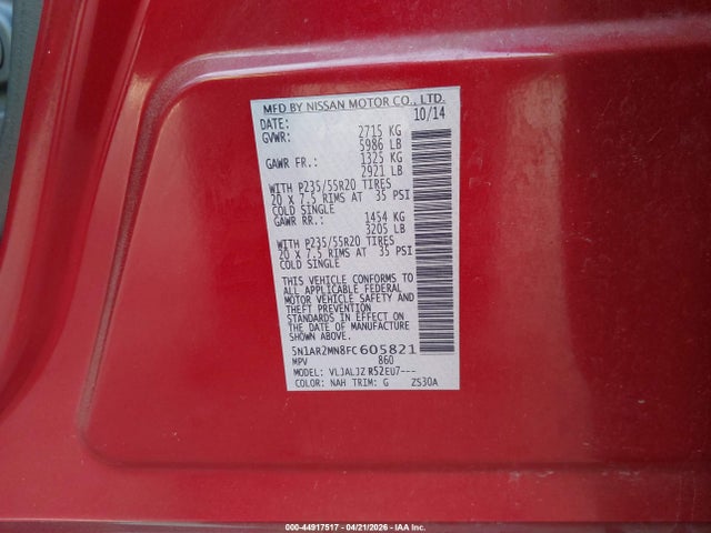 2015 Nissan Pathfinder Platinum მანქანა იყიდება აუქციონზე, vin: 5N1AR2MN8FC605821, აუქციონის ნომერი: 44917517