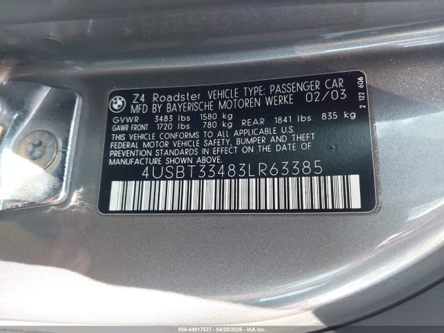 Продаж на аукціоні авто 2003 Bmw Z4 2.5i, vin: 4USBT33483LR63385, номер лоту: 44917527