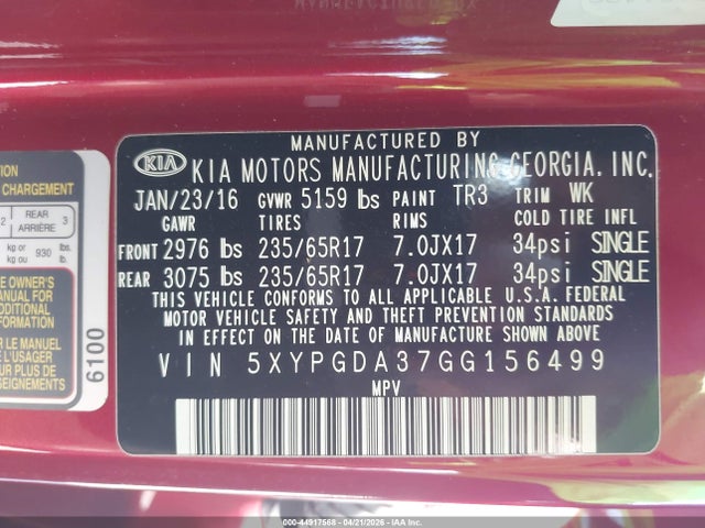 Продаж на аукціоні авто 2016 Kia Sorento 2.4l Lx, vin: 5XYPGDA37GG156499, номер лоту: 44917568