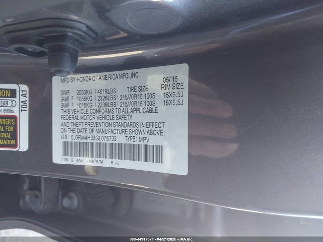 Продажа на аукционе авто 2016 Honda Cr-v Lx, vin: 5J6RM4H33GL075733, номер лота: 44917571