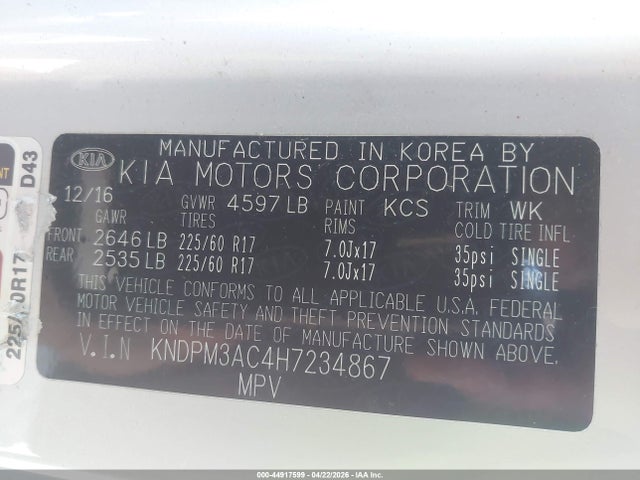 Продажа на аукционе авто 2017 Kia Sportage Lx, vin: KNDPM3AC4H7234867, номер лота: 44917599
