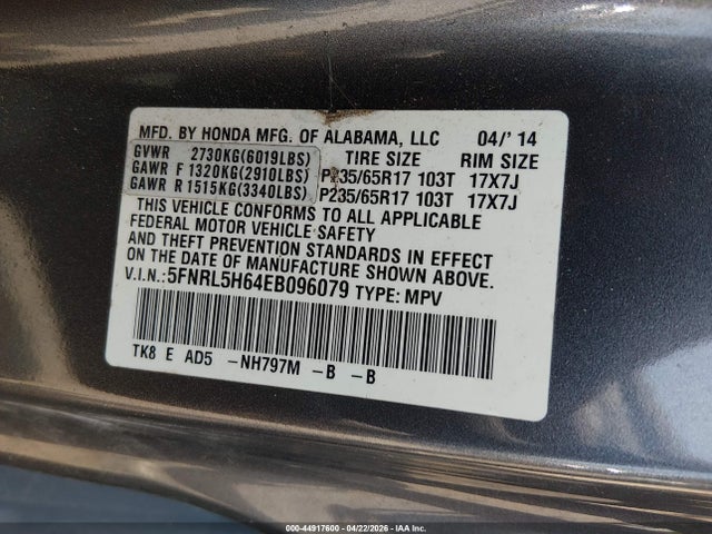 2014 Honda Odyssey Ex-l მანქანა იყიდება აუქციონზე, vin: 5FNRL5H64EB096079, აუქციონის ნომერი: 44917600