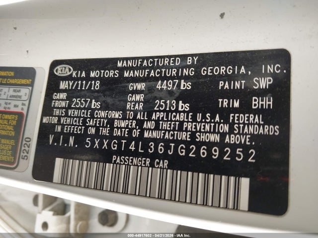 2018 Kia Optima Lx მანქანა იყიდება აუქციონზე, vin: 5XXGT4L36JG269252, აუქციონის ნომერი: 44917602