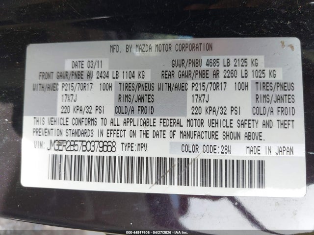 2011 Mazda Cx-7 I Sport მანქანა იყიდება აუქციონზე, vin: JM3ER2B57B0379668, აუქციონის ნომერი: 44917606