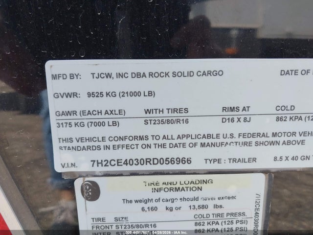2024 Rock Solid Cargo Trailer მანქანა იყიდება აუქციონზე, vin: 7H2CE4030RD056966, აუქციონის ნომერი: 44917607