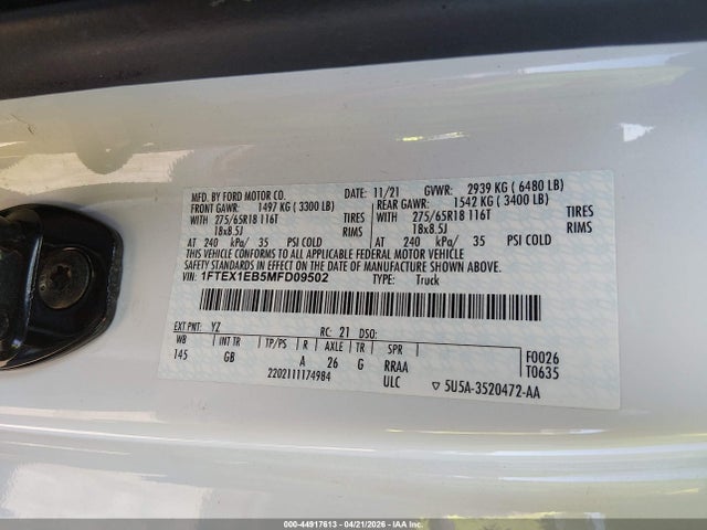 2021 Ford F-150 Xl მანქანა იყიდება აუქციონზე, vin: 1FTEX1EB5MFD09502, აუქციონის ნომერი: 44917613