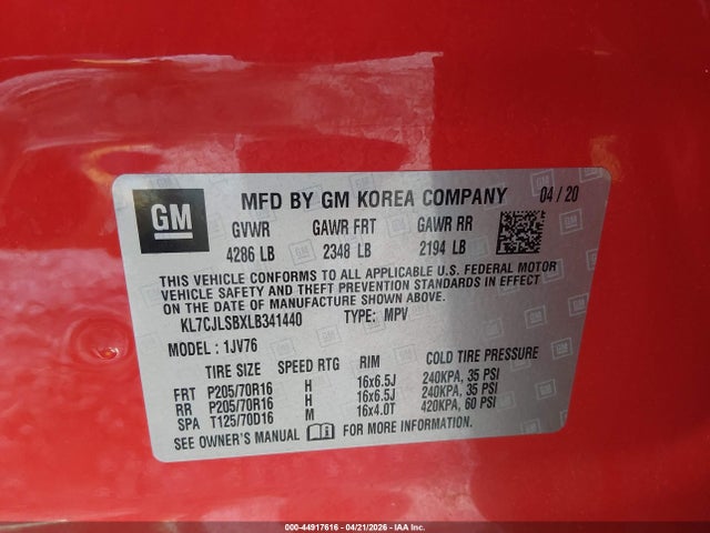 KL7CJLSBXLB341440 Chevrolet Trax Fwd Lt