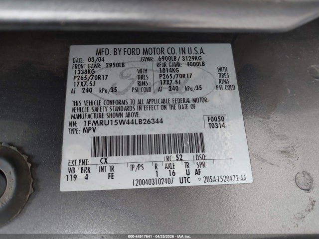 2004 Ford Expedition Xlt მანქანა იყიდება აუქციონზე, vin: 1FMRU15W44LB26344, აუქციონის ნომერი: 44917641