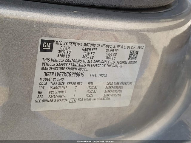 Aukcja sprzedaży 2012 Gmc Sierra 1500 Xtra Fuel Economy, vin: 3GTP1VE7XCG228019, numer aukcji: 44917649