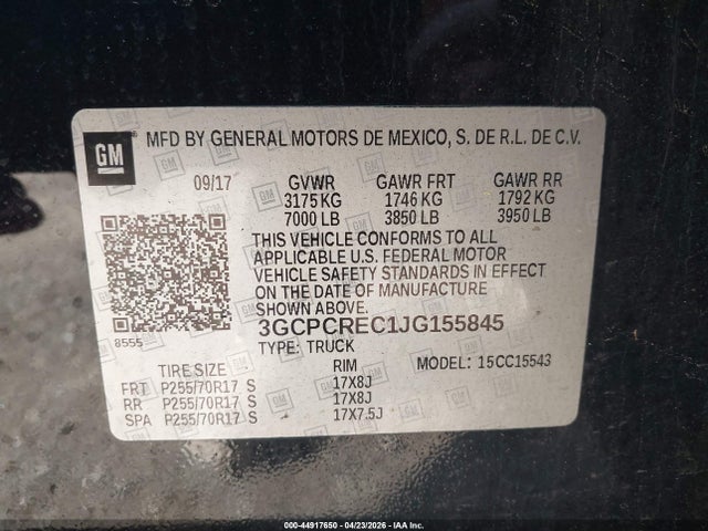 Продаж на аукціоні авто 2018 Chevrolet Silverado 1500 1lt, vin: 3GCPCREC1JG155845, номер лоту: 44917650