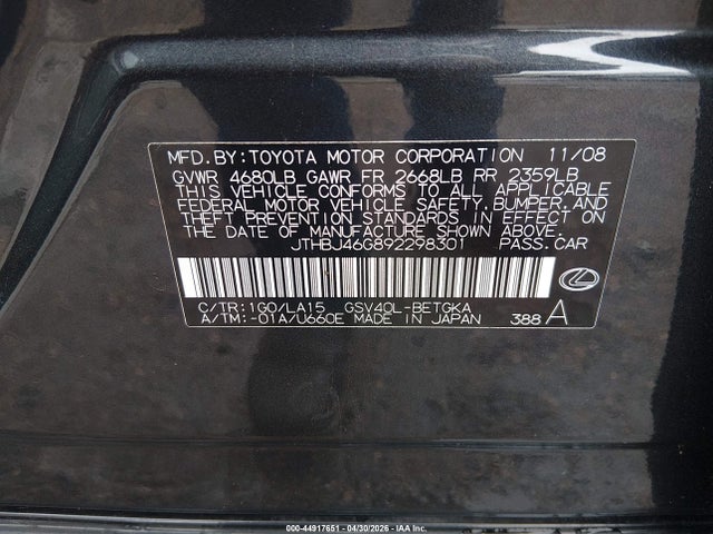 Aukcja sprzedaży 2009 Lexus Es 350, vin: JTHBJ46G892298301, numer aukcji: 44917651