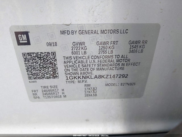 Auction sale of the 2019 Gmc Acadia Sle-1, vin: 1GKKNKLA8KZ147292, lot number: 44917657