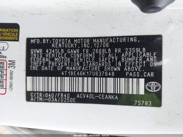 Продажа на аукционе авто 2007 Toyota Camry Le, vin: 4T1BE46K17U637648, номер лота: 44917662