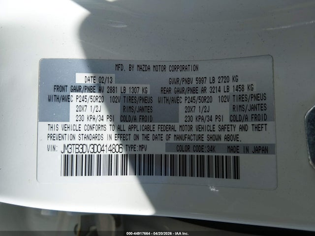 Aukcja sprzedaży 2013 Mazda Cx-9 Grand Touring, vin: JM3TB3DV3D0414806, numer aukcji: 44917664