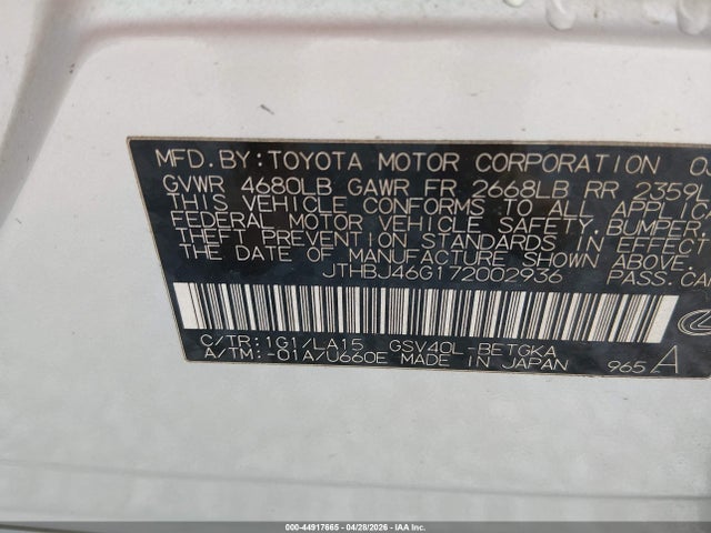 44917665 :رقم المزاد ، JTHBJ46G172002936 vin ، 2007 Lexus Es 350 مزاد بيع